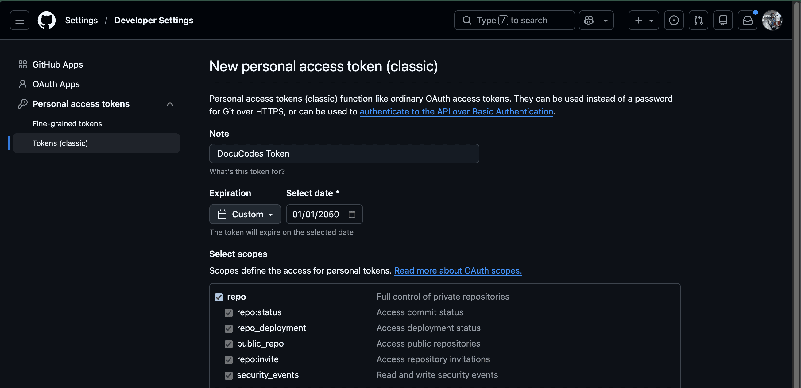 GitHub interface for adding a classic personal access token
