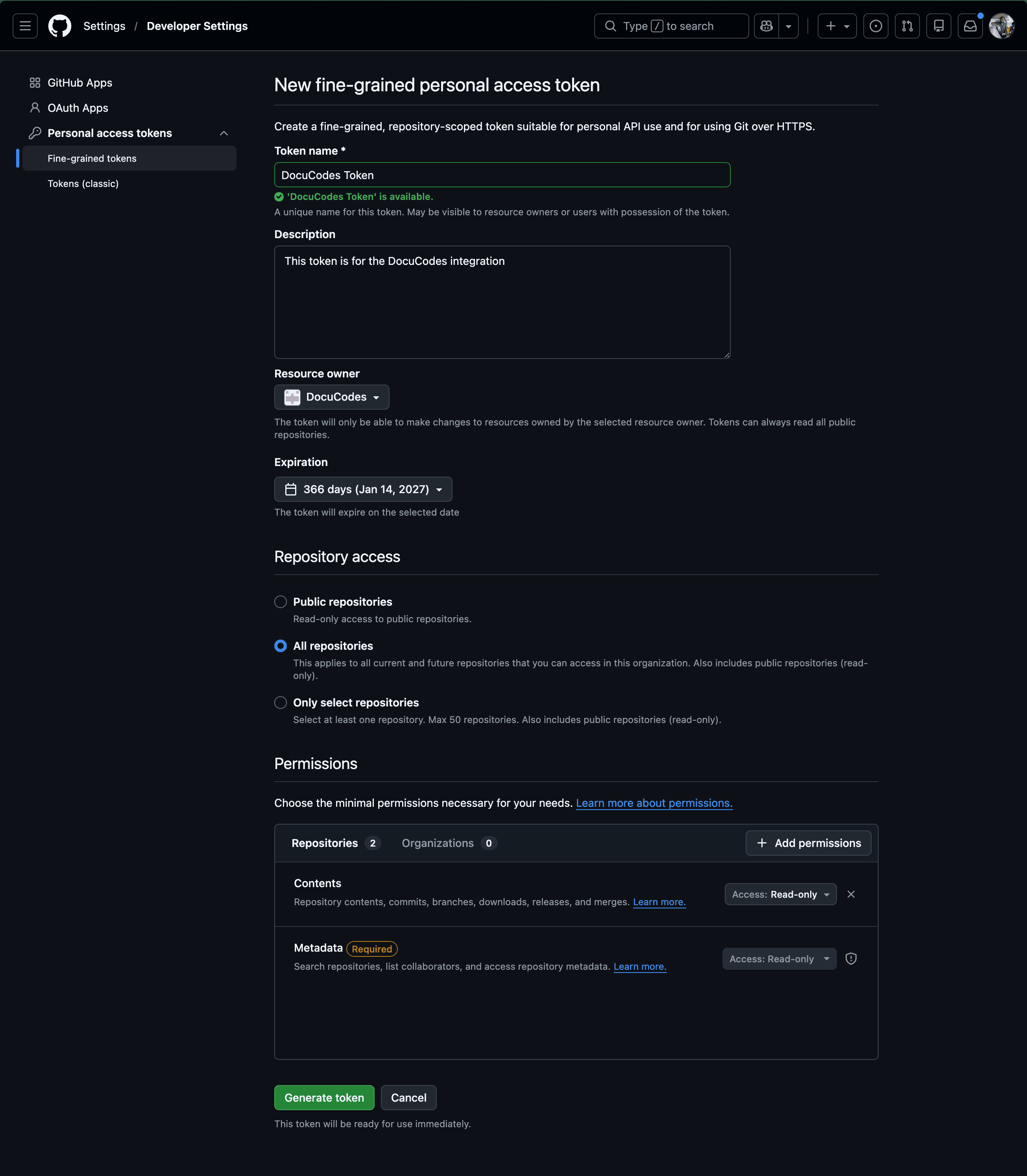 GitHub interface for adding a fine-grained personal access token