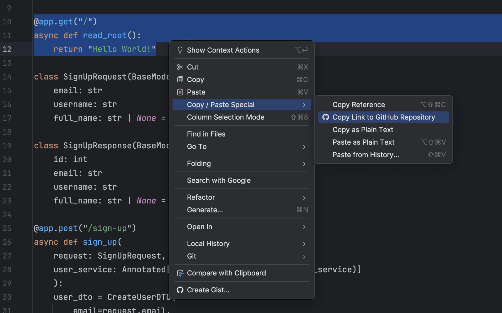 An image showing the "Copy Link to GitHub Repository" context menu option in JetBrains IntelliJ