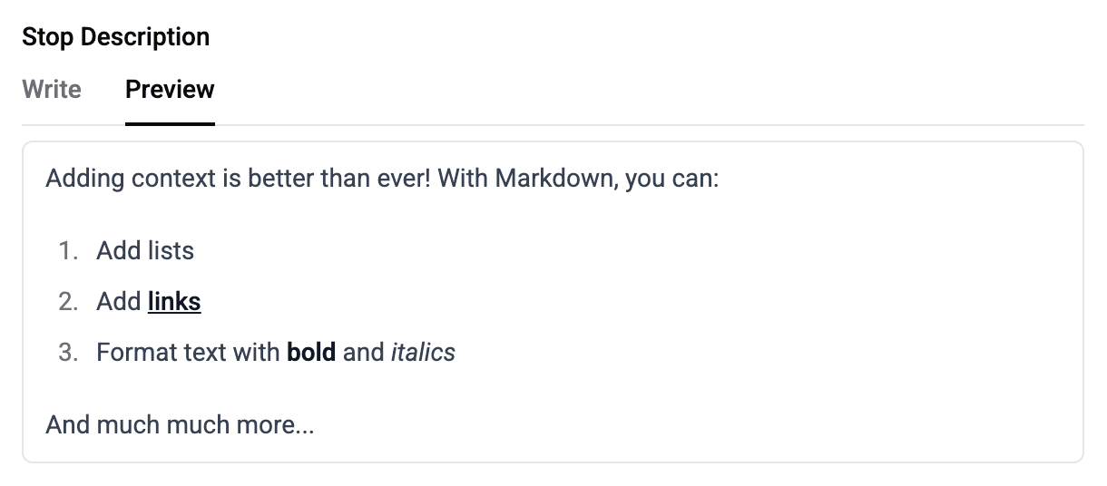 Rendered Markdown in a Stop description