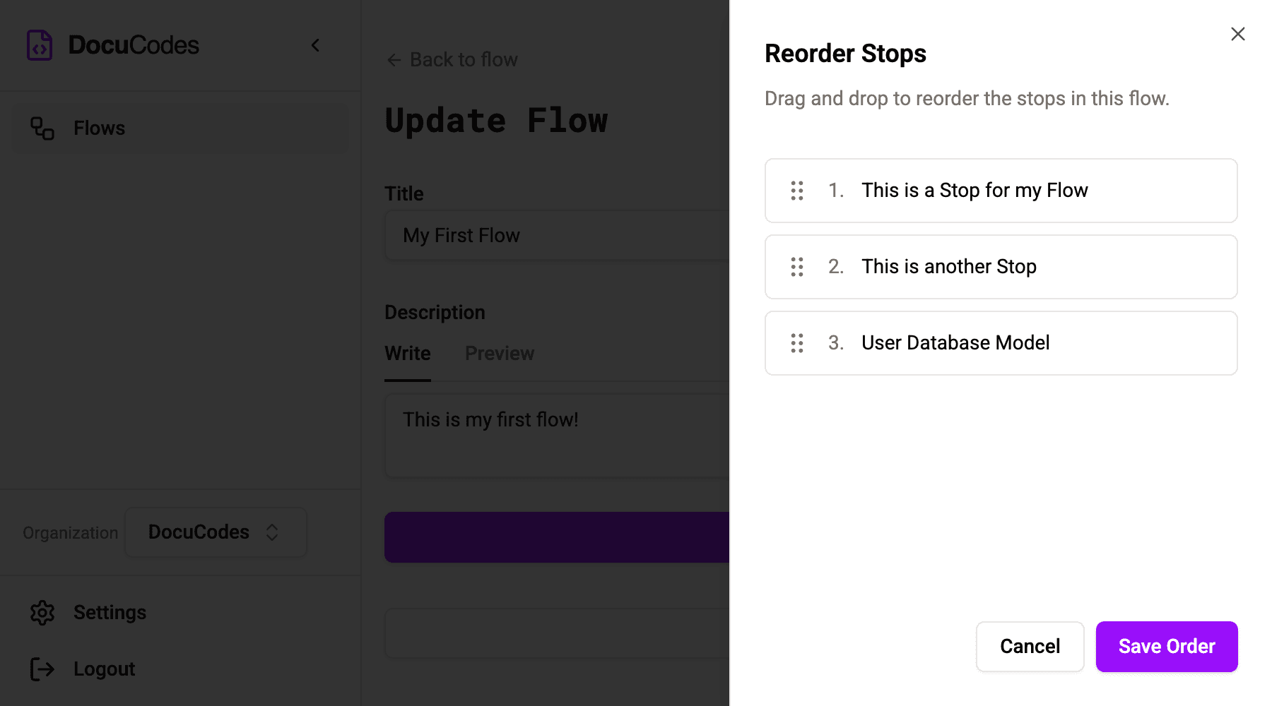 DocuCodes interface for reordering stops
