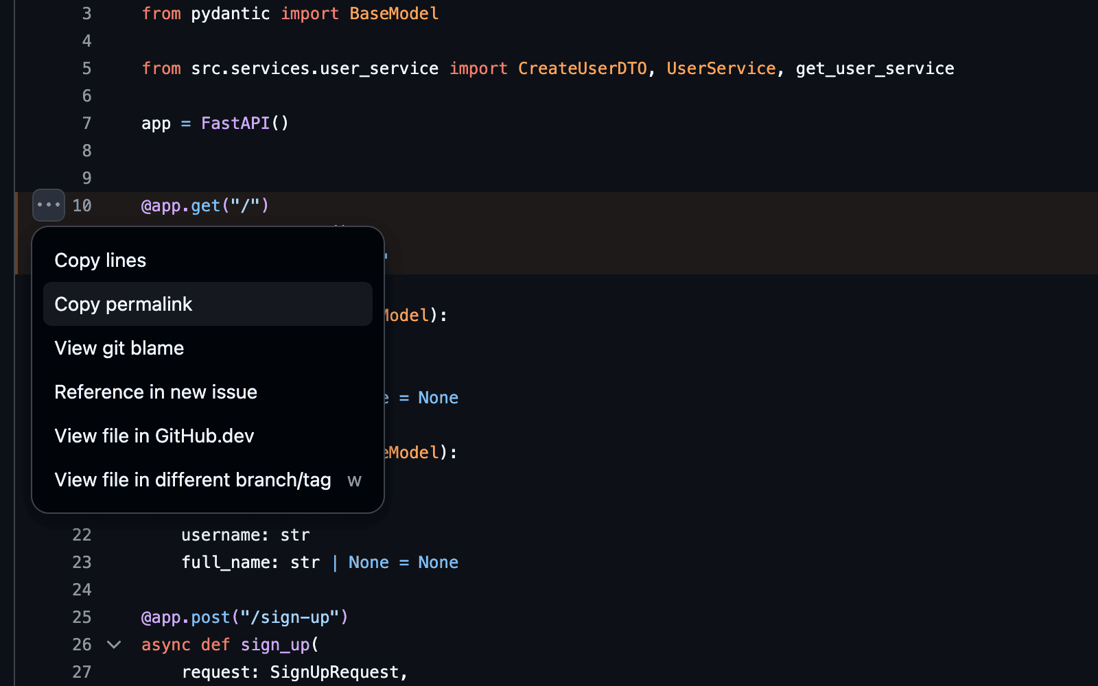 An image showing the the interface to copy a permalink to a specific code snippet in GitHub