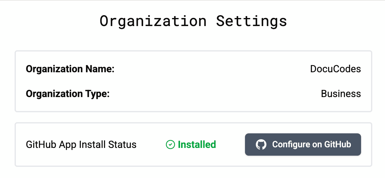 GitHub App installation status in DocuCodes showing the app is installed