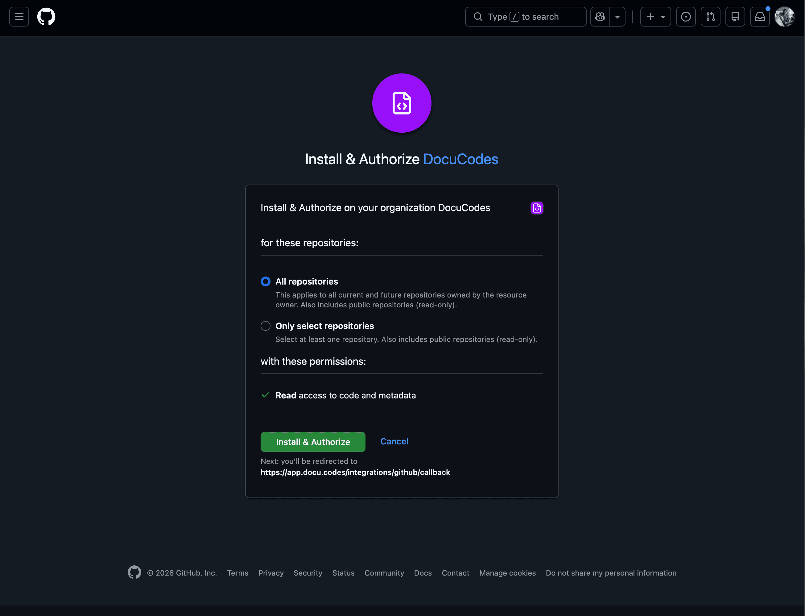 GitHub app installation screen for DocuCodes