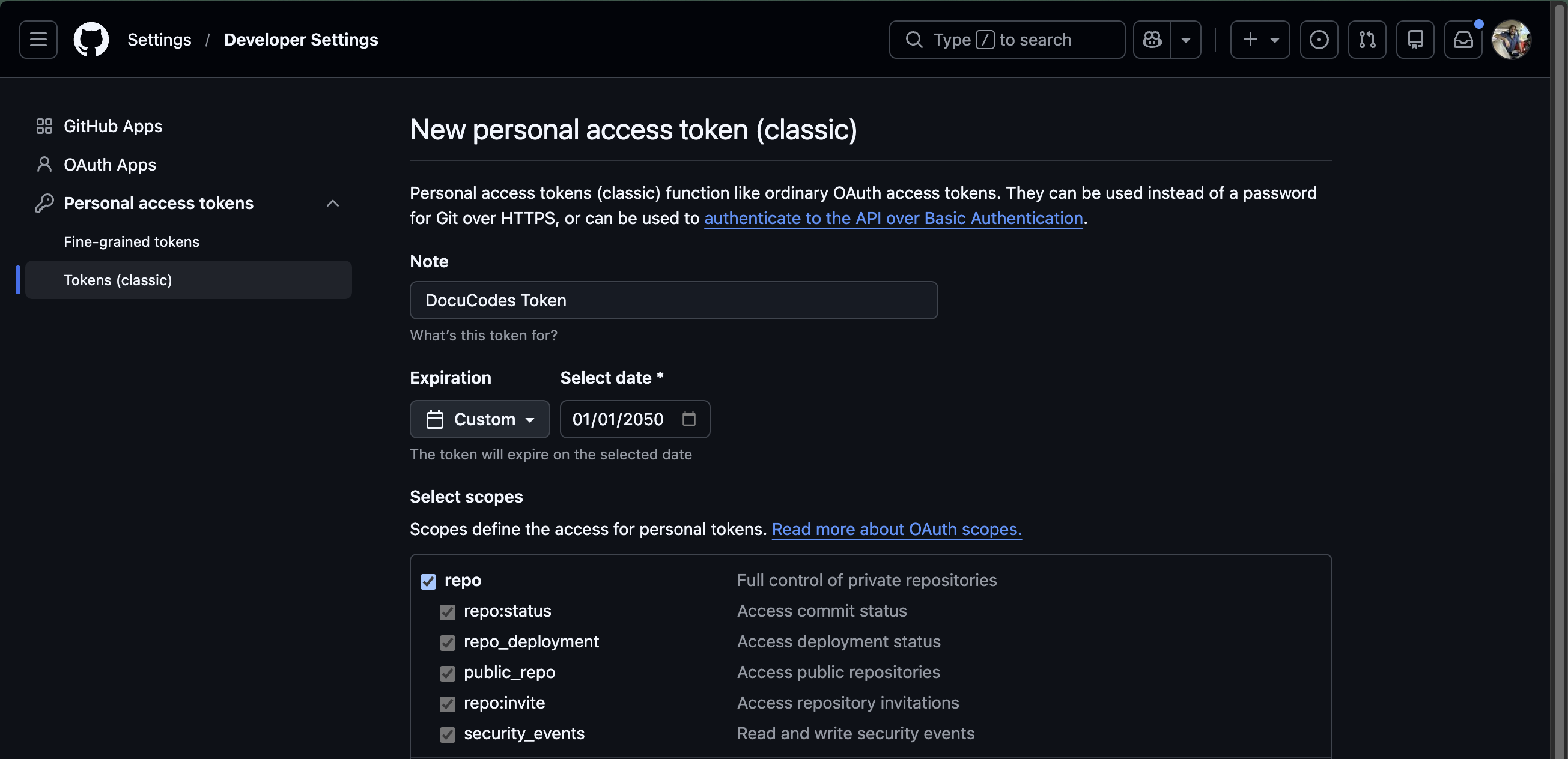 GitHub interface for adding a classic personal access token