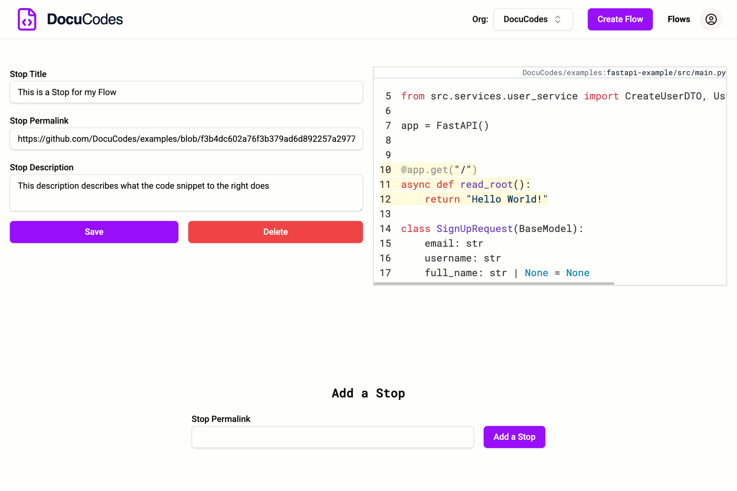 An image showing the "Edit Flow Stop" interface of a DocuCodes Flow