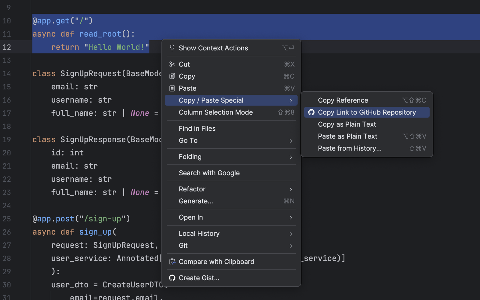 An image showing the "Copy Link to GitHub Repository" context menu option in JetBrains IntelliJ
