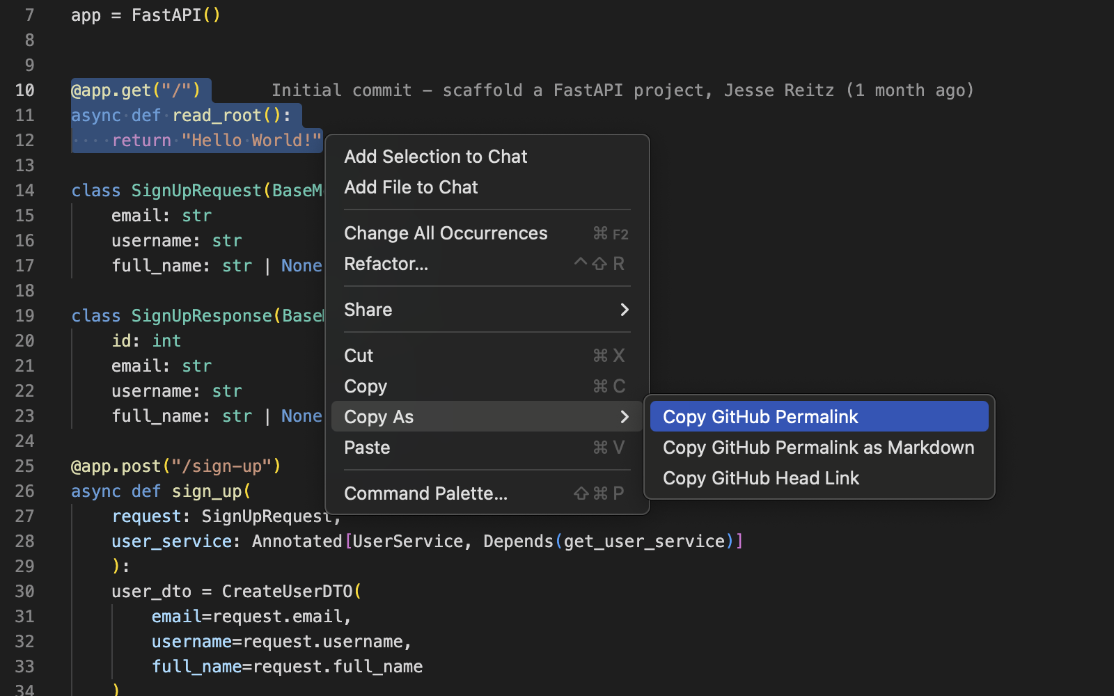An image showing the "Copy as GitHub Permalink" context menu option in VSCode
