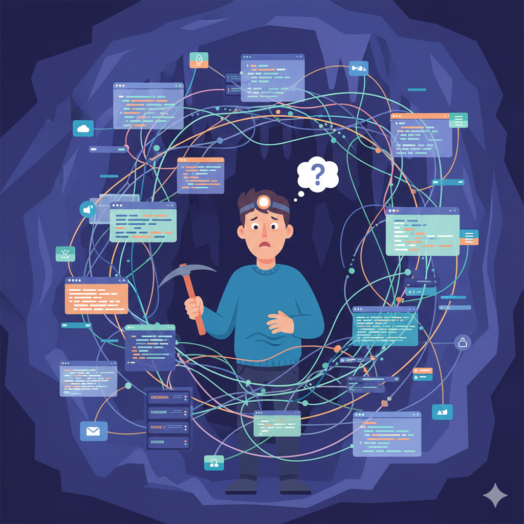 AI-generated image of a software engineer in a cave surrounded by unfamiliar code