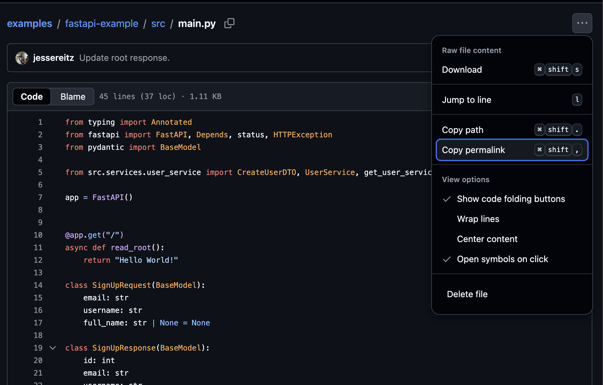 An image showing the the interface to copy a permalink to an entire file in GitHub