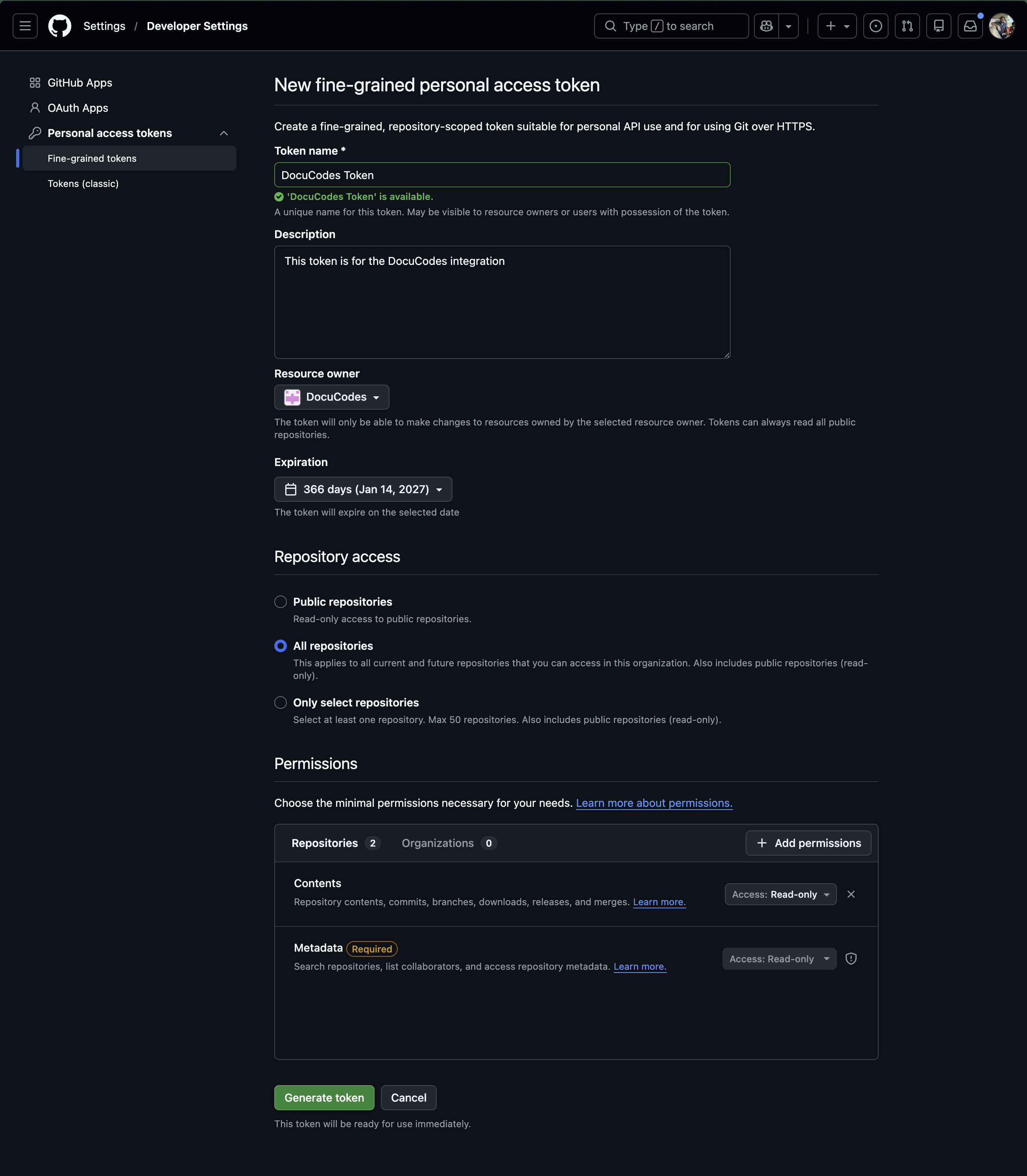 GitHub interface for adding a fine-grained personal access token