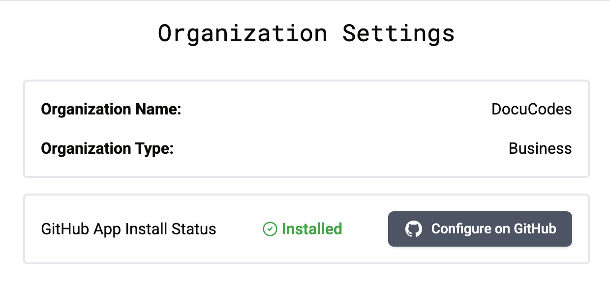 GitHub App installation status in DocuCodes showing the app is installed