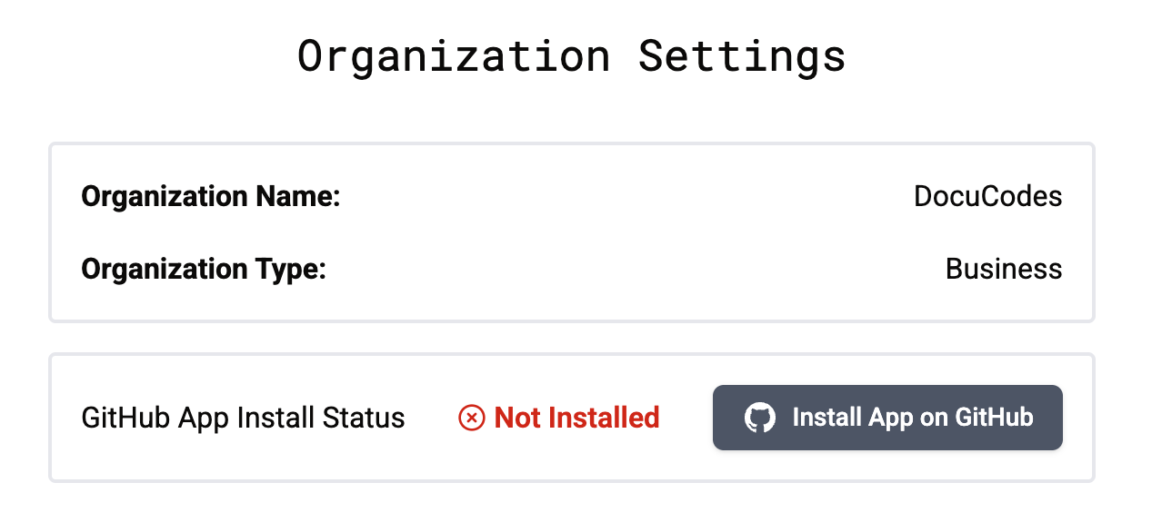 GitHub App installation status in DocuCodes showing the app is not installed
