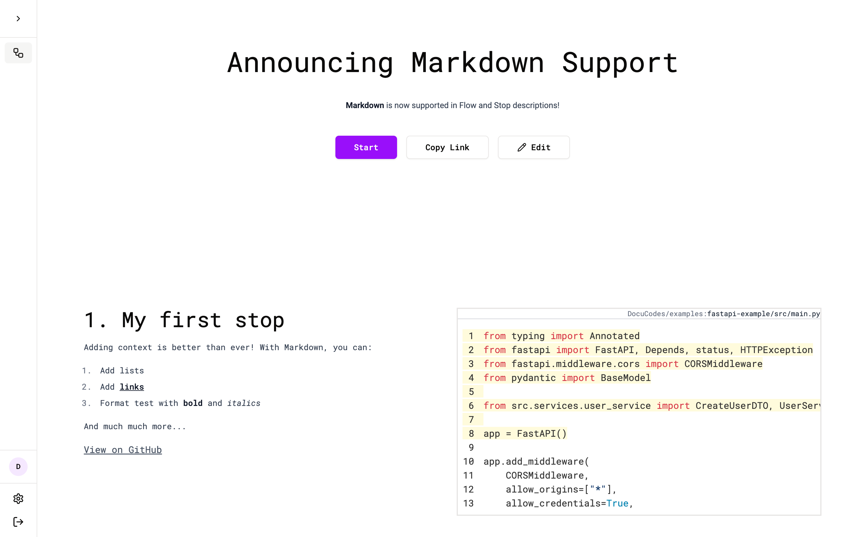 Screen shot of a DocuCodes Flow with Markdown Support