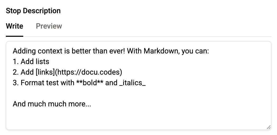 Raw Markdown in a Stop description