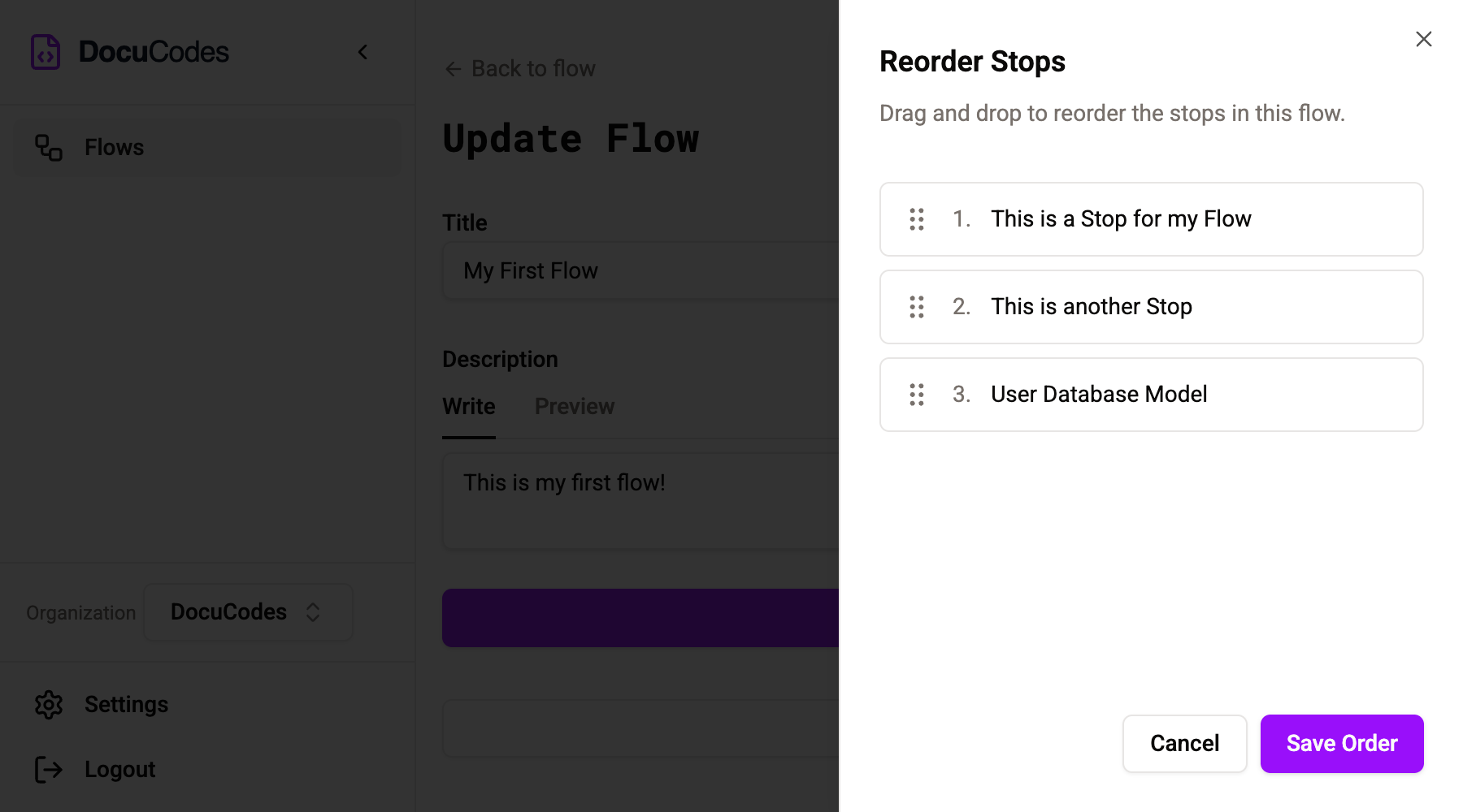 DocuCodes interface for reordering stops